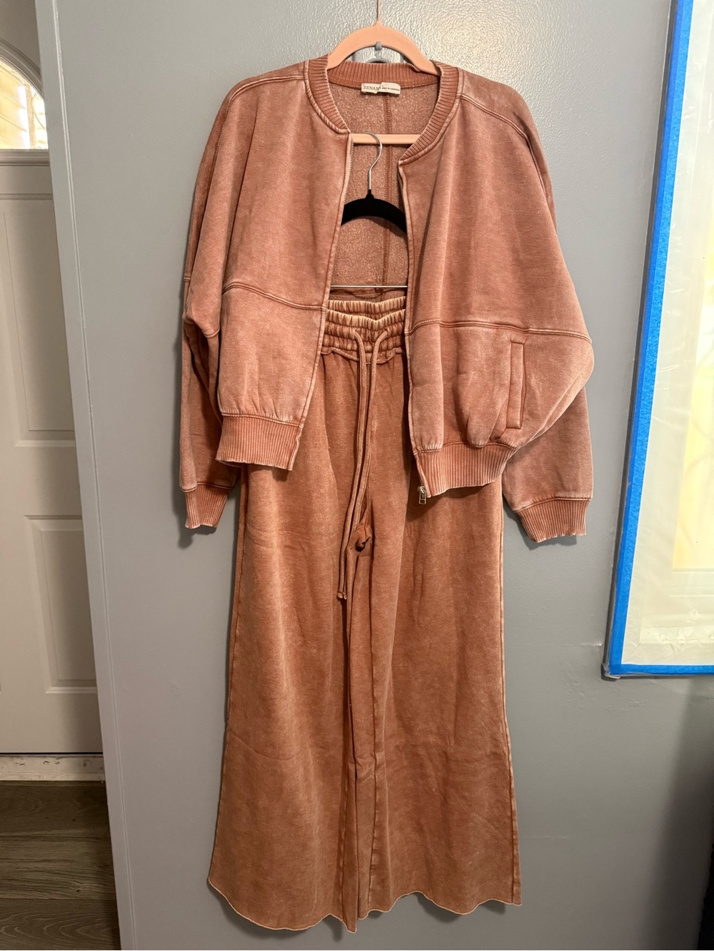 Zenana Super Soft Fleece Wide-Leg Lounge Pant and Bomber Jacket Set- Rust - Picture 5 of 5